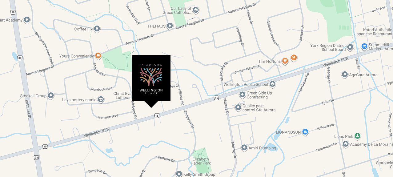Map showing Wellington Place at Bathurst and Wellington in Aurora