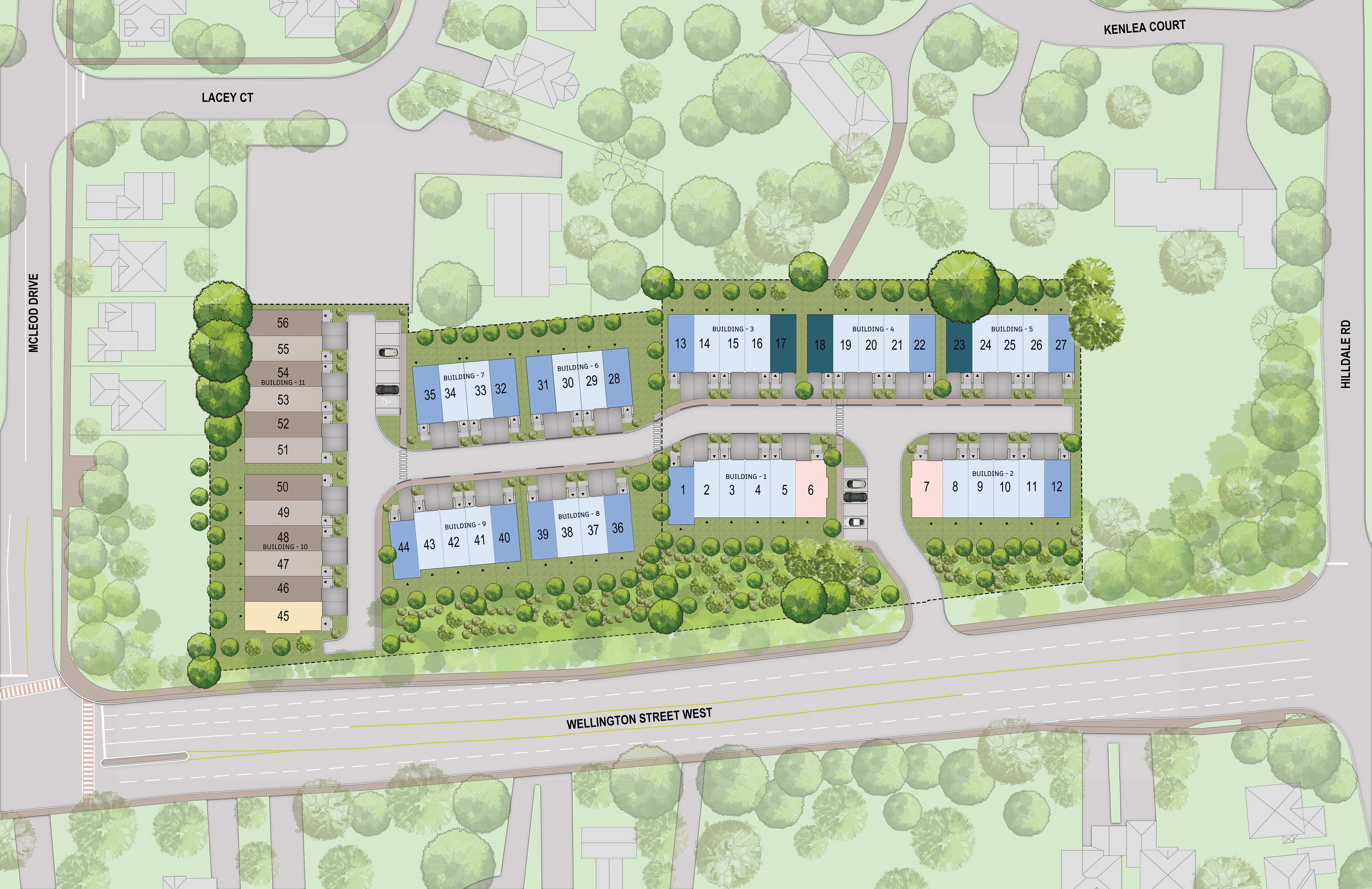 Wellington Place site plan showing buildings 1 through 12 and unit numbers 1 through 56